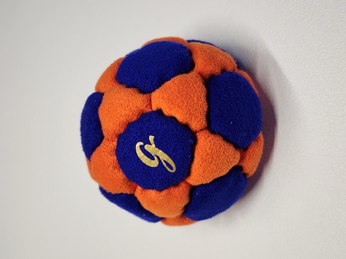 32-Panel Footbag by G (#68) — Stitched by freestyle player G. A 32-panel pro freestyle bag made from Lamous — a premium synthetic suede with a smooth, consistent feel. 32 panels, 1.9 inch, 65g.