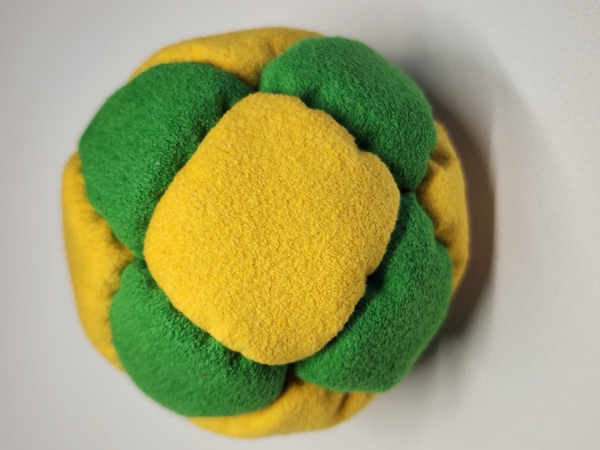 14-Panel XL Footbag by Mantis (#16) — Stitched by Nick Landes (Mantis Footbag). XL 14-panel freestyle footbag made with Ultrasuede Soft and stainless steel fill. 2.4 inch, 65g.