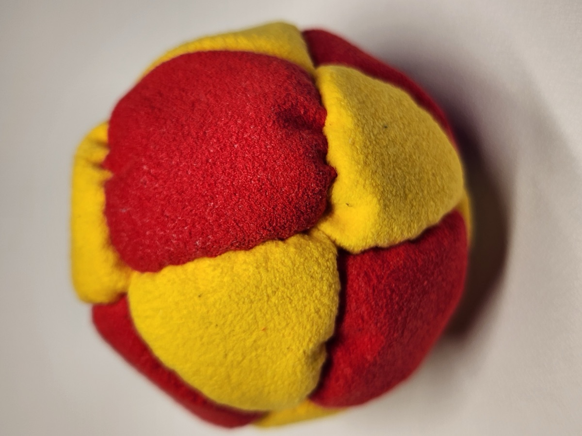 14-Panel XL Footbag by Mantis (#17) — Stitched by Nick Landes (Mantis Footbag). XL 14-panel freestyle footbag made with Ultrasuede Soft and stainless steel fill. 2.4 inch, 65g.