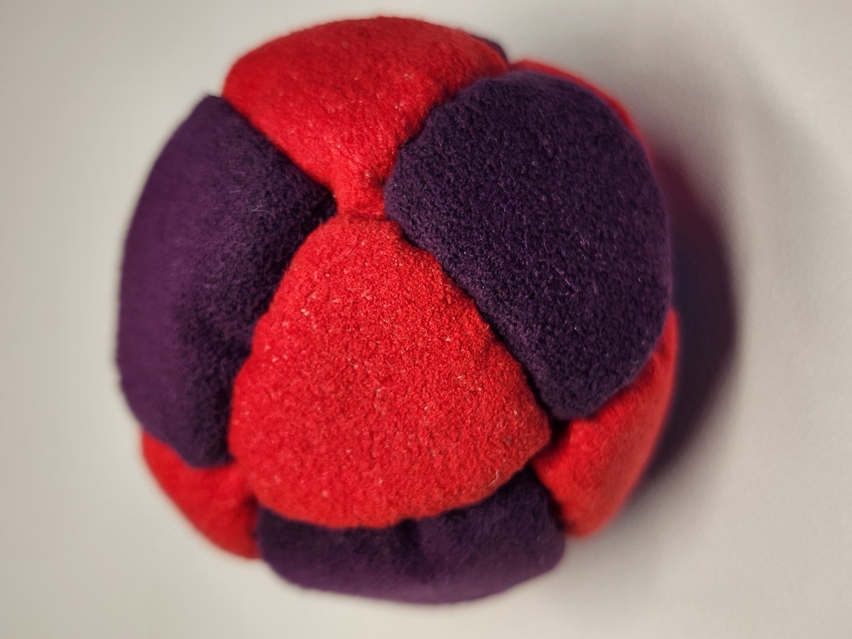 14-Panel XL Footbag by Mantis (#19) — Stitched by Nick Landes (Mantis Footbag). XL 14-panel freestyle footbag made with Ultrasuede Soft and stainless steel fill. 2.4 inch, 65g.